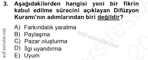 3. soru: . Aşağıdakilerden hangisi yeni bir fikrin kabul edilme sürecini açıklayan Difüzyon Kuramı'nın adımlarından biri değil…