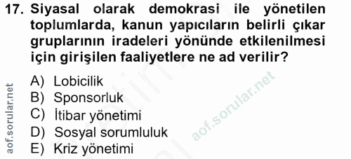 17. soru: Siyasal olarak demokrasi ile yönetilen toplumlarda, kanun yapıcıların belirli çıkar gruplarının iradeleri yönünde etk…