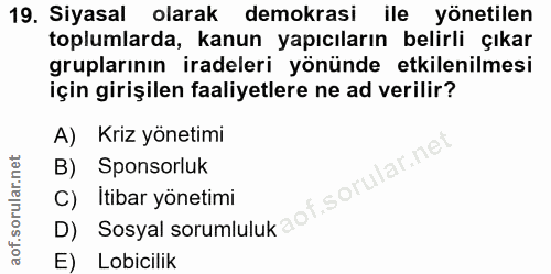 19. soru: Siyasal olarak demokrasi ile yönetilen toplumlarda, kanun yapıcıların belirli çıkar gruplarının iradeleri yönünde etk…