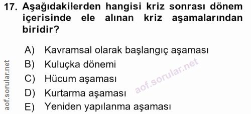 17. soru: Aşağıdakilerden hangisi kriz sonrası dönem içerisinde ele alınan kriz aşamalarından biridir? A) Kavramsal olarak başl…