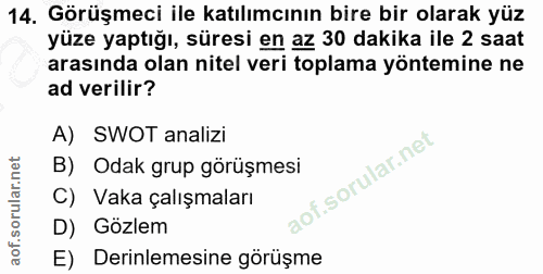 14. soru: Görüşmeci ile katılımcının bire bir olarak yüz yüze yaptığı, süresi en az 30 dakika ile 2 saat arasında olan nitel ve…