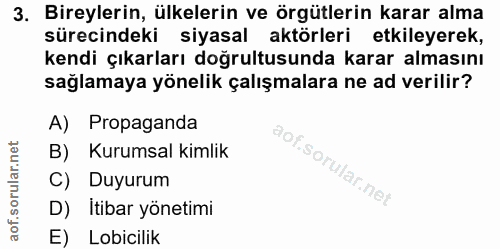 3. soru: Bireylerin, ülkelerin ve örgütlerin karar alma sürecindeki siyasal aktörleri etkileyerek, kendi çıkarları doğrultusun…