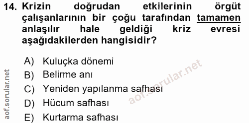 14. soru: Krizin doğrudan etkilerinin örgüt çalışanlarının bir çoğu tarafından tamamen anlaşılır hale geldiği kriz evresi aşağı…