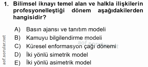 1. soru: Bilimsel iknayı temel alan ve halkla ilişkilerin profesyonelleştiği dönem aşağıdakilerden hangisidir? A) Basın ajansı…