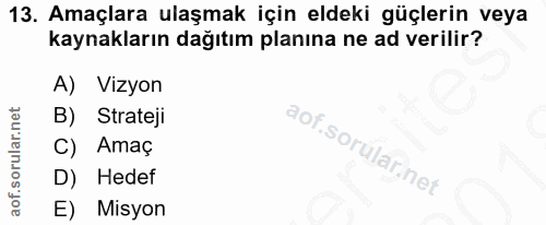 13. soru: Amaçlara ulaşmak için eldeki güçlerin veya kaynakların dağıtım planına ne ad verilir? A) Vizyon B) Strateji C) Amaç D…