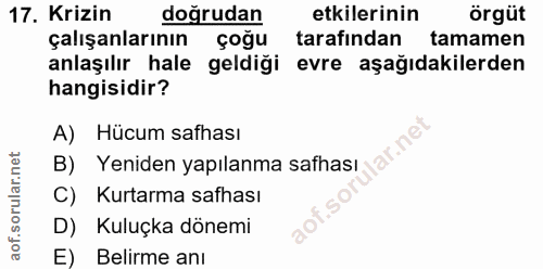 17. soru: Krizin doğrudan etkilerinin örgüt çalışanlarının çoğu tarafından tamamen anlaşılır hale geldiği evre aşağıdakilerden…