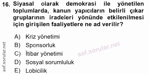 16. soru: Siyasal olarak demokrasi ile yönetilen toplumlarda, kanun yapıcıların belirli çıkar gruplarinın iradeleri yönünde etk…
