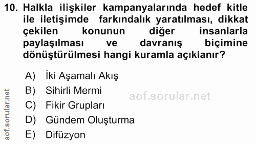 10. soru: Halkla ilişkiler kampanyalarında hedef kitle ile iletişimde farkındalık yaratılması, dikkat çekilen konunun diğer ins…