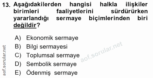 13. soru: Aşağıdakilerden hangisi halkla ilişkiler birimleri faaliyetlerini sürdürürken yararlandığı sermaye biçimlerinden biri…