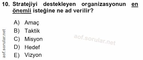 10. soru: Stratejiyi destekleyen organizasyonun en önemli isteğine ne ad verilir? A) Amaç net B) Taktik orular. C) Misyon D) He…