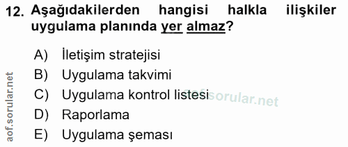 12. soru: Aşağıdakilerden hangisi halkla ilişkiler uygulama planında yer almaz? A) İletişim stratejisi B) Uygulama takvimi C) U…