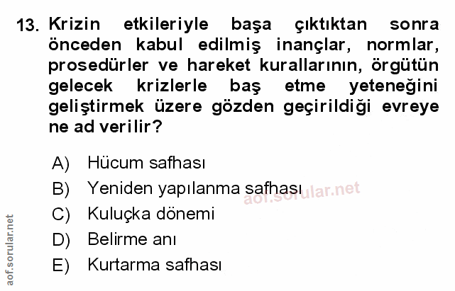 13. soru: Krizin etkileriyle başa çıktıktan sonra önceden kabul edilmiş inançlar, normlar, prosedürler ve hareket kurallarının,…