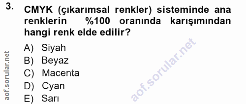 3. soru: CMYK (çıkarımsal renkler) sisteminde ana renklerin %100 oranında karışımından hangi renk elde edilir? A) Siyah B) Bey…
