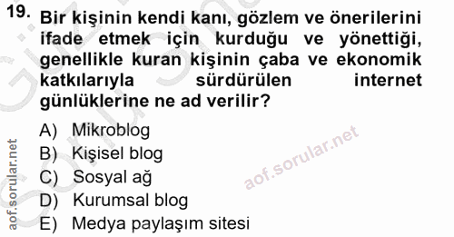 19. soru: Bir kişinin kendi kanı, gözlem ve önerilerini ifade etmek için kurduğu ve yönettiği, genellikle kuran kişinin çaba ve…