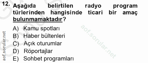 12. soru: Aşağıda belirtilen radyo program türlerinden hangisinde ticari bir amaç bulunmamaktadır? A) Kamu spotları B) Haber bü…