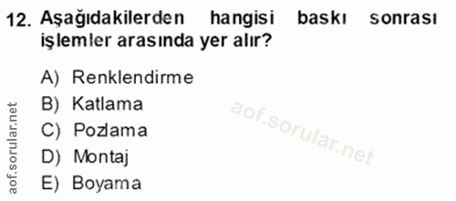 12. soru: Aşağıdakilerden hangisi baskı sonrası işlemler arasında yer alır? A) Renklendirme B) Katlama C) Pozama D) Montaj E) B…