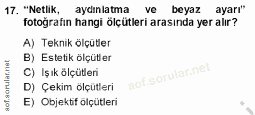 17. soru: "Netlik, aydınlatma ve beyaz ayarı" fotoğrafın hangi ölçütleri arasında yer alır? A) Teknik ölçütler B) Estetik ölçüt…
