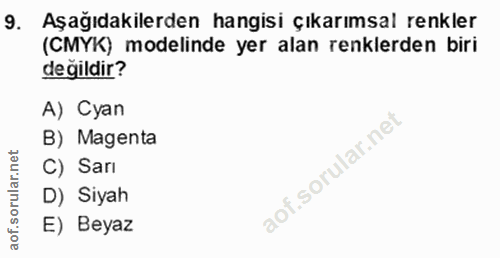 9. soru: Aşağıdakilerden hangisi çıkarımsal renkler (CMYK) modelinde yer alan renklerden biri değildir? A) Cyan B) Magenta C)…