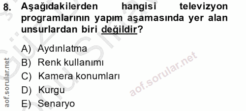 8. soru: Aşağıdakilerden hangisi televizyon programlarının yapım aşamasında yer alan unsurlardan biri değildir? A) Aydınlatma…