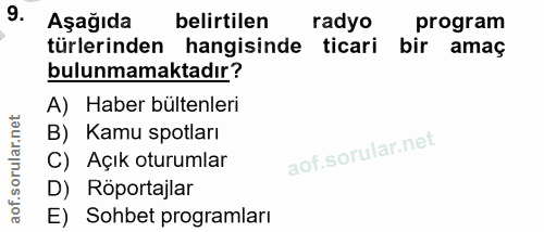 9. soru: Aşağıda belirtilen radyo program türlerinden hangisinde ticari bir amaç bulunmamaktadır? A) Haber bültenleri B) Kamu…