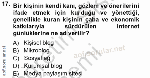17. soru: Bir kişinin kendi kanı, gözlem ve önerilerini ifade etmek için kurduğu ve yönettiği, genellikle kuran kişinin çaba ve…