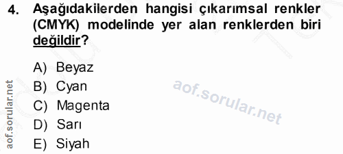 4. soru: Aşağıdakilerden hangisi çıkarımsal renkler (CMYK) modelinde yer alan renklerden biri değildir? A) Beyaz B) Cyan C) Ma…