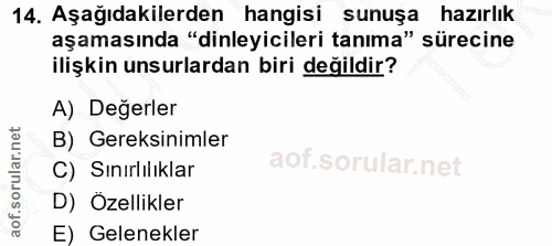 14. soru: Aşağıdakilerden hangisi sunuşa hazırlık aşamasında "dinleyicileri tanıma" sürecine ilişkin unsurlardan biri değildir?…