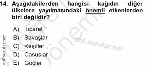 14. soru: Aşağıdakilerden hangisi kağıdın diğer ülkelere yayılmasındaki önemli etkenlerden biri değildir? A) Ticaret B) Savaşla…