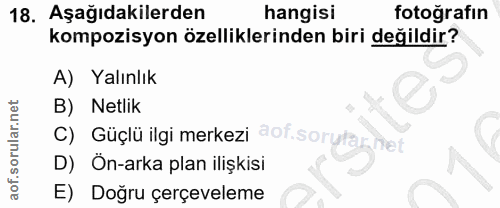18. soru: Aşağıdakilerden hangisi fotoğrafın kompozisyon özelliklerinden biri değildir? A) Yalınlık B) Netlik C) Güçlü ilgi mer…
