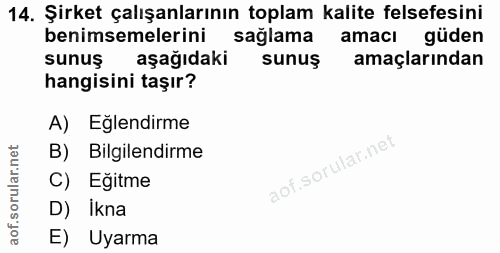 14. soru: Şirket çalışanlarının toplam kalite felsefesini benimsemelerini sağlama amacı güden sunuş aşağıdaki sunuş amaçlarında…