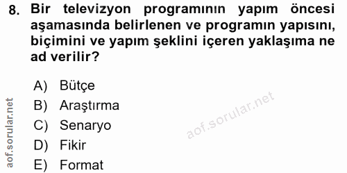 8. soru: Bir televizyon programının yapım öncesi aşamasında belirlenen ve programın yapısını, biçimini ve yapım şeklini içeren…