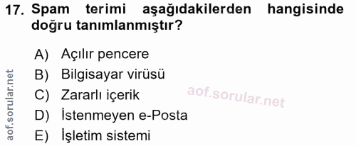 17. soru: Spam terimi aşağıdakilerden hangisinde doğru tanımlanmıştır? A) Açılır pencere B) Bilgisayar virüsü C) Zararlı içerik…