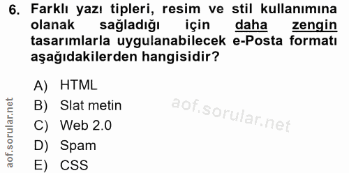 6. soru: Farklı yazı tipleri, resim ve stil kullanımına olanak sağladığı için daha zengin tasarımlarla uygulanabilecek e-Posta…