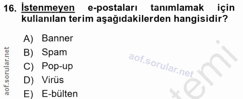 16. soru: Istenmeyen e-postaları tanımlamak için kullanılan terim aşağıdakilerden hangisidir? A) Banner B) Spam C) Pop-up D) Vi…