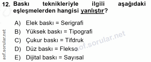 12. soru: Baskı teknikleriyle ilgili aşağıdaki eşleşmelerden hangisi yanlıştır? A) Elek baskı = Serigrafi B) Yüksek baskı = Tip…