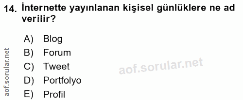 14. soru: İnternette yayınlanan kişisel günlüklere ne ad verilir? A) Blog rular.net B) Forum C) Tweet D) Portfolyo aof. E) Profil