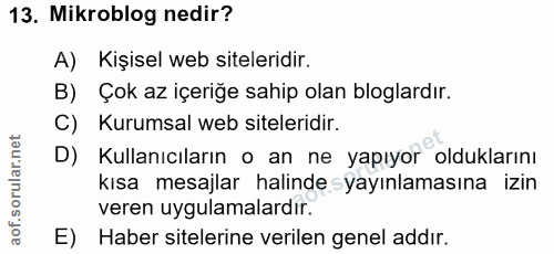 13. soru: Mikroblog nedir? A) Kişisel web siteleridir. B) Çok az içeriğe sahip olan bloglardır. C) Kurumsal web siteleridir. D)…