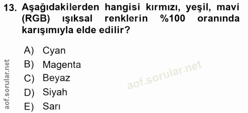 13. soru: Aşağıdakilerden hangisi kırmızı, yeşil, mavi (RGB) ışıksal renklerin %100 oranında karışımıyla elde edilir? A) Cyan B…