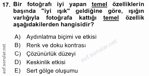 17. soru: Bir fotoğrafı iyi yapan temel özelliklerin başında "iyi ışık" geldiğine göre, ışığın varlığıyla fotografa kattığı tem…
