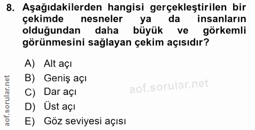 8. soru: Aşağıdakilerden hangisi gerçekleştirilen bir çekimde nesneler ya da insanların olduğundan daha büyük ve görkemli görü…