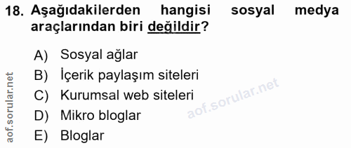18. soru: Aşağıdakilerden hangisi sosyal medya araçlarından biri değildir? A) Sosyal ağlar orular.net B) İçerik paylaşım sitele…