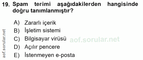 19. soru: Spam terimi aşağıdakilerden hangisinde doğru tanımlanmıştır? A) Zararlı içerik B) Işletim sistemi ar. C) Bilgisayar v…