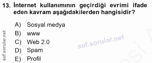 13. soru: İnternet kullanımının geçirdiği evrimi ifade eden kavram aşağıdakilerden hangisidir? A) Sosyal medya B) Www C) Web 2.…