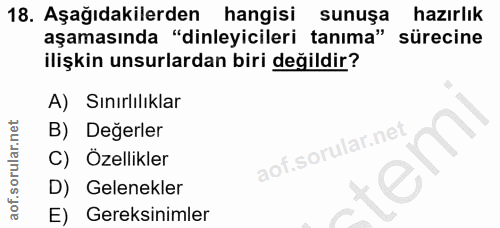 18. soru: Aşağıdakilerden hangisi sunuşa hazırlık aşamasında "dinleyicileri tanıma" sürecine ilişkin unsurlardan biri değildir?…
