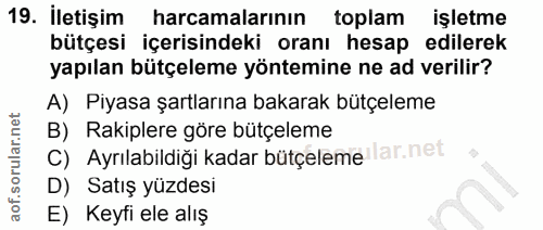 19. soru: İletişim harcamalarının toplam işletme bütçesi içerisindeki oranı hesap edilerek yapılan bütçeleme yöntemine ne ad ve…