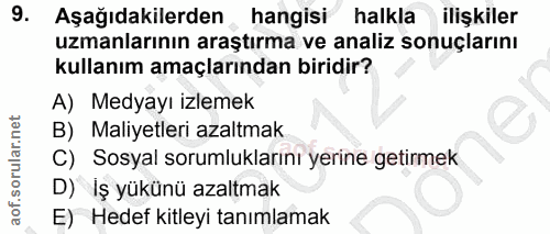 9. soru: Aşağıdakilerden hangisi halkla ilişkiler uzmanlarının araştırma ve analiz sonuçlarını kullanım amaçlarından biridir?…