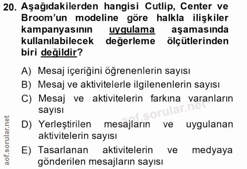 20. soru: Aşağıdakilerden hangisi Cutlip, Center ve Broom'un modeline göre halkla ilişkiler kampanyasının uygulama aşamasında k…