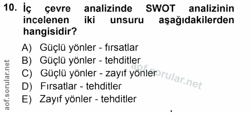 10. soru: iç çevre analizinde SWOT analizinin incelenen iki unsuru aşağıdakilerden hangisidir? A) Güçlü yönler - fırsatlar B) G…