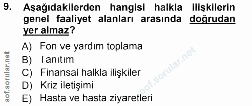 9. soru: Aşağıdakilerden hangisi halkla ilişkilerin genel faaliyet alanları arasında doğrudan yer almaz? A) Fon ve yardım topl…