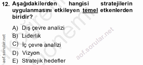 12. soru: Aşağıdakilerden hangisi stratejilerin uygulanmasını etkileyen temel etkenlerden biridir? A) Diş çevre analizi B) Lide…